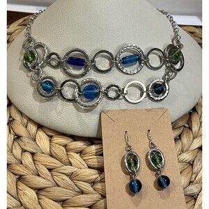 VTG Necklace & Earrings Glass Beaded Silver Tone Double Strand Blue Green Beachy